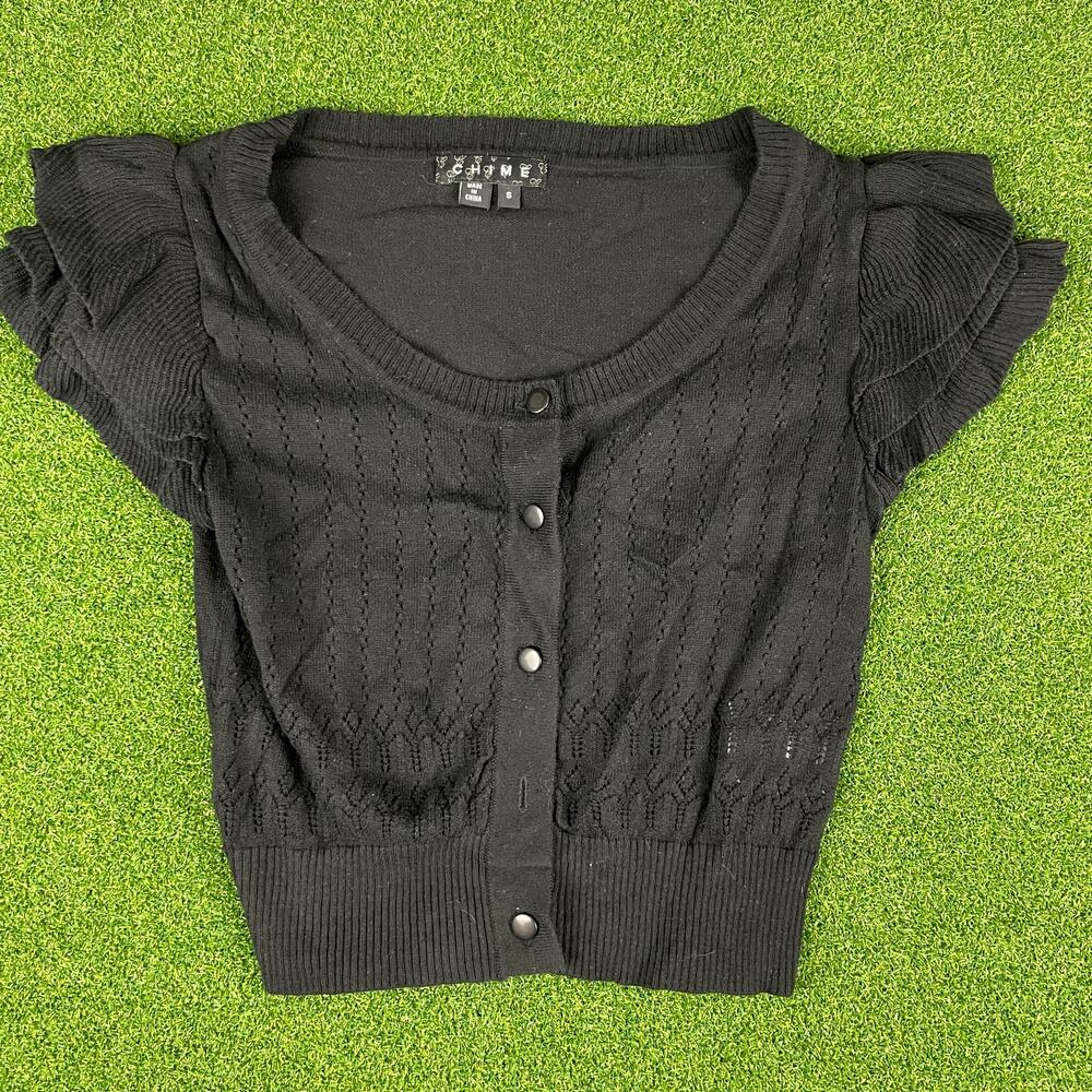 Chime Black Tiered Short Sleeve Ribbed Knit Button Front Crop Sweater Top Sz S